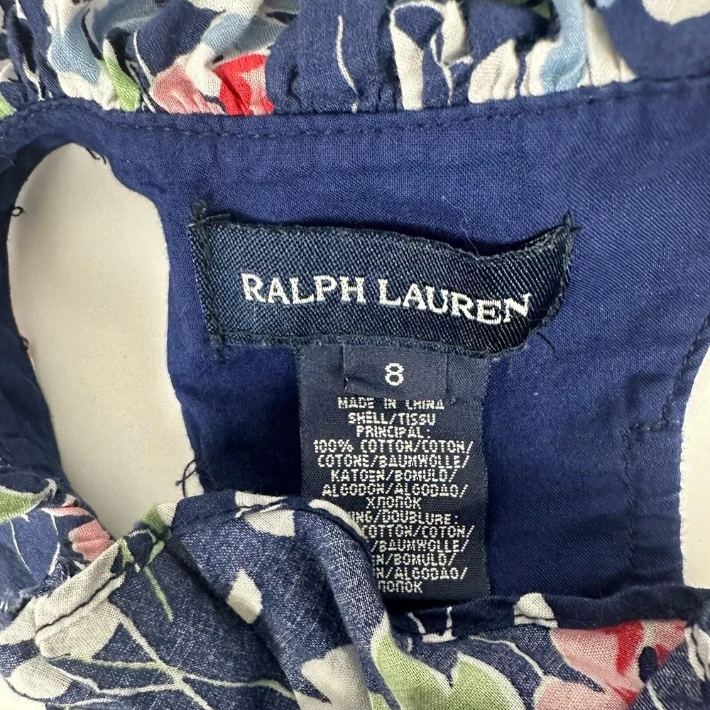 Ralph Lauren Floral Dress Girls 8 Navy Blue‎ Ruffle Racerback Sundress